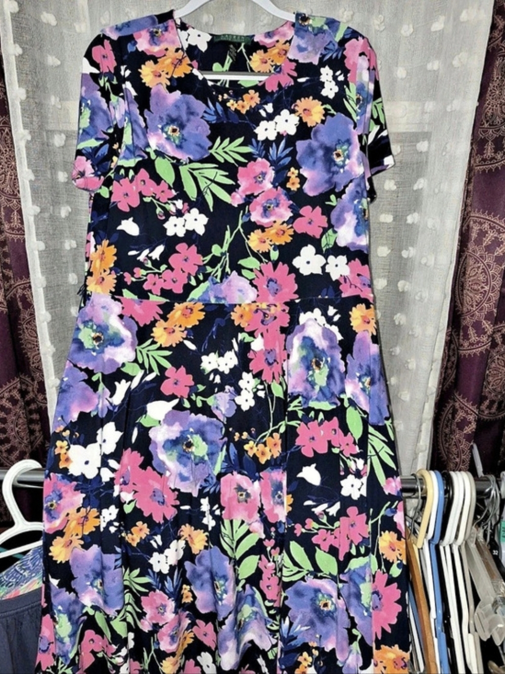 Lauren Ralph Lauren Floral Midi Dress Blue & Pink Size XL Like New